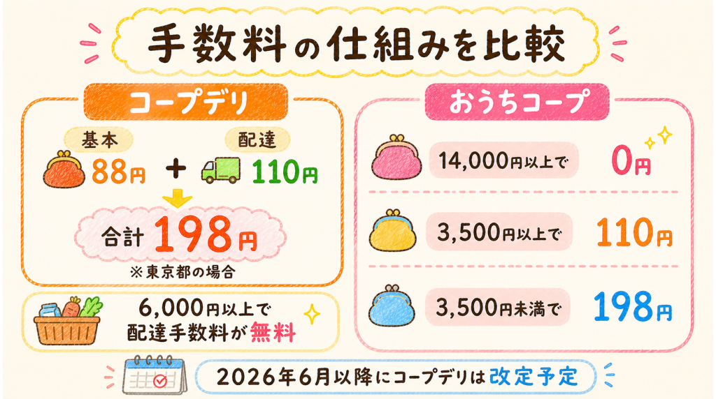 コープデリとおうちコープの手数料の仕組みを比較した図解