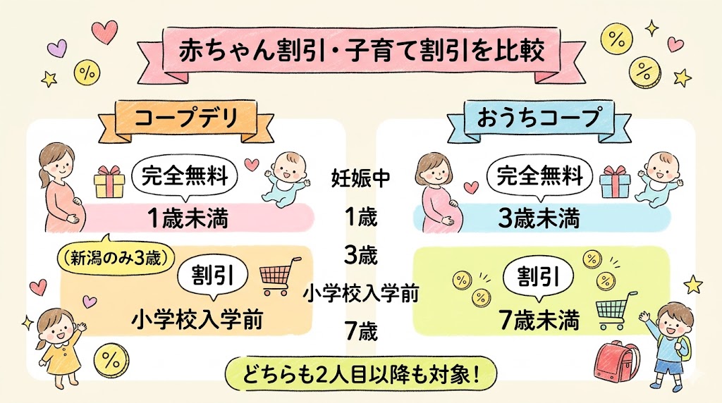 コープデリとおうちコープの子育て割引の対象年齢を比較した図解