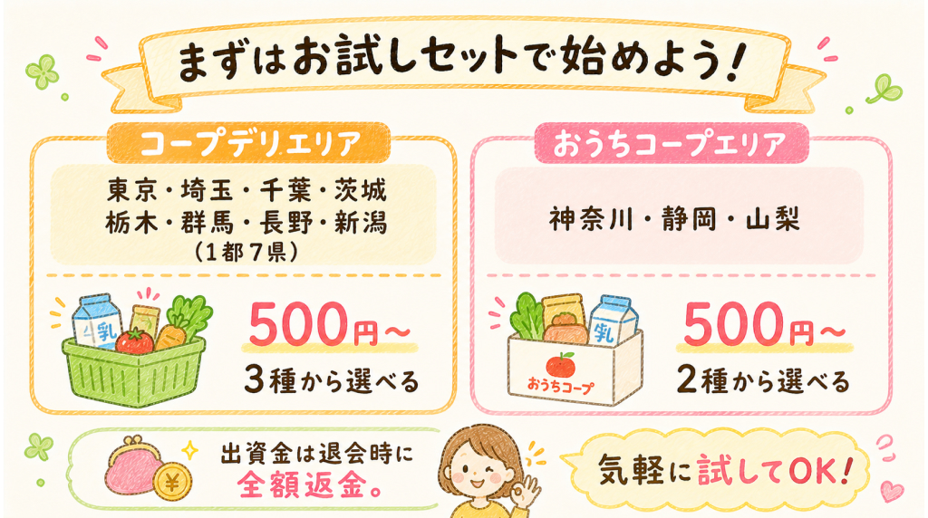 コープデリとおうちコープのお試しセット情報をまとめた図解