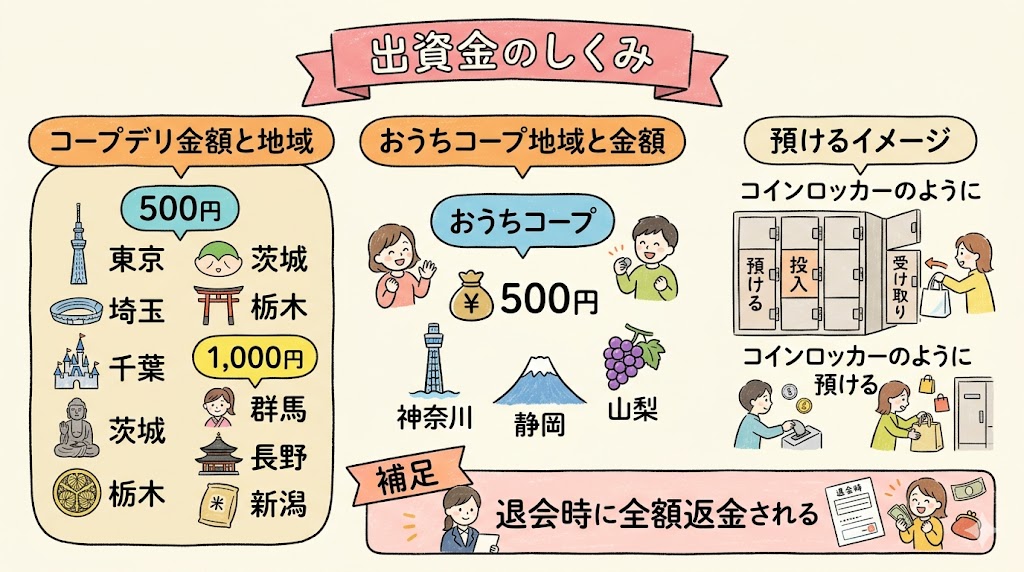 コープデリとおうちコープの出資金の仕組みと返金制度を説明した図解