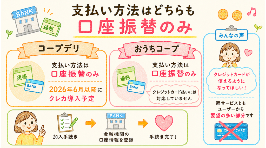 コープデリとおうちコープの支払い方法が口座振替のみであることを示した図解