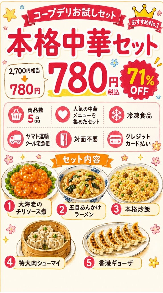コープデリお試しセット「本格中華セット」780円（税込）・71%OFF：大海老のチリソース煮・五目あんかけラーメン・本格炒飯・特大肉シューマイ・香港ギョーザの5品