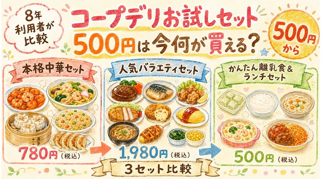 コープデリお試しセット500円からの3種類比較：本格中華セット780円・人気バラエティセット1,980円・かんたん離乳食＆ランチセット500円（8年利用者が比較）