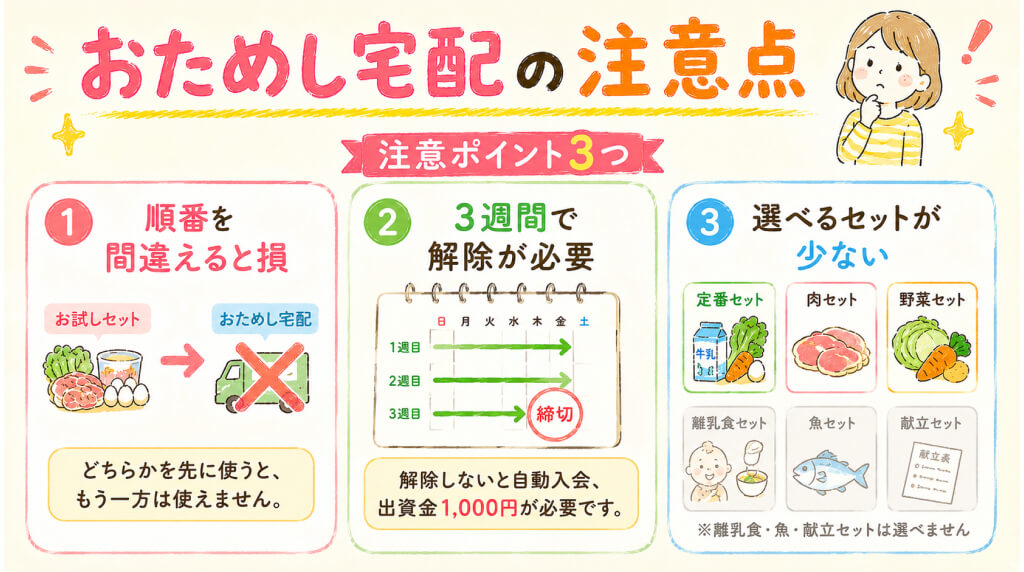 おためし宅配の3つの注意点を示した図解