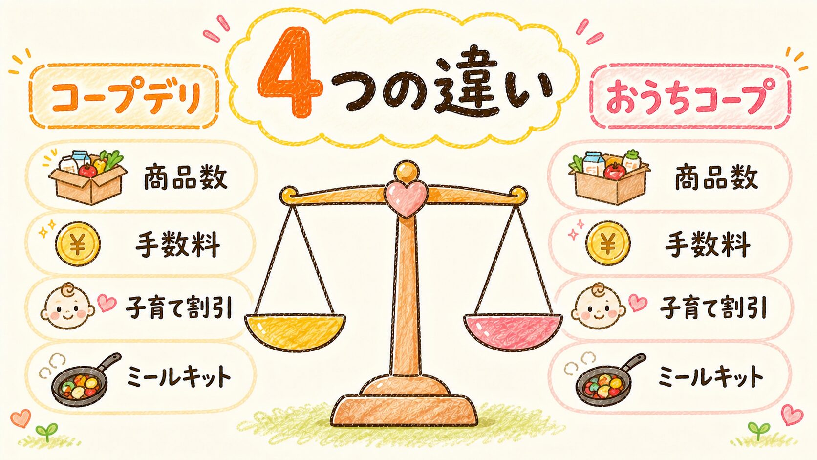 コープデリとおうちコープの4つの違いを比較した図解