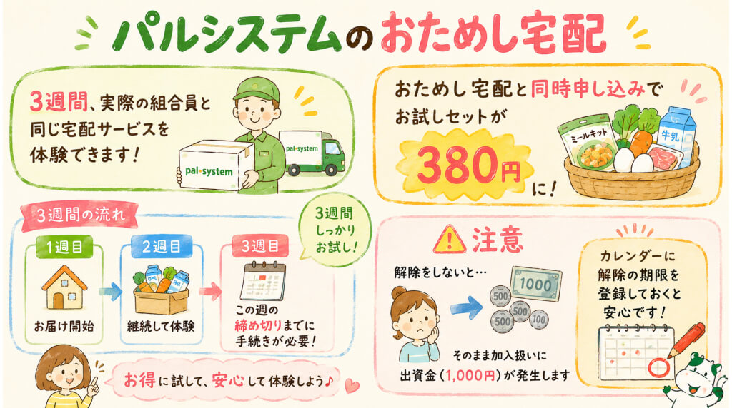 パルシステムのおためし宅配とお試しセット380円キャンペーンの流れを解説した図解