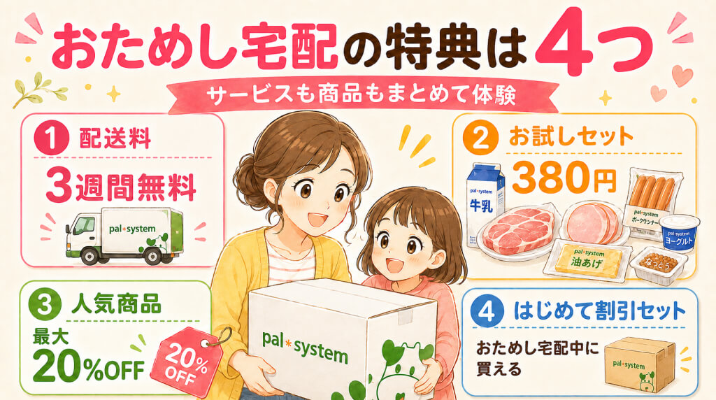 パルシステムのおためし宅配の特典4つをまとめた図解