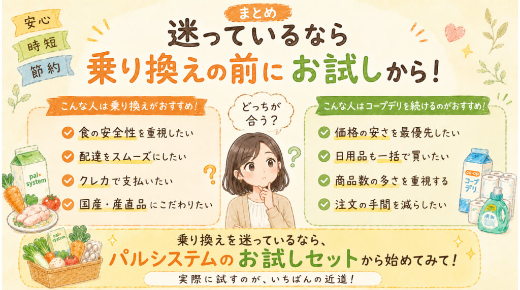 まとめ：コープデリからパルシステム乗り換え前にまずはお試しセットがおすすめ