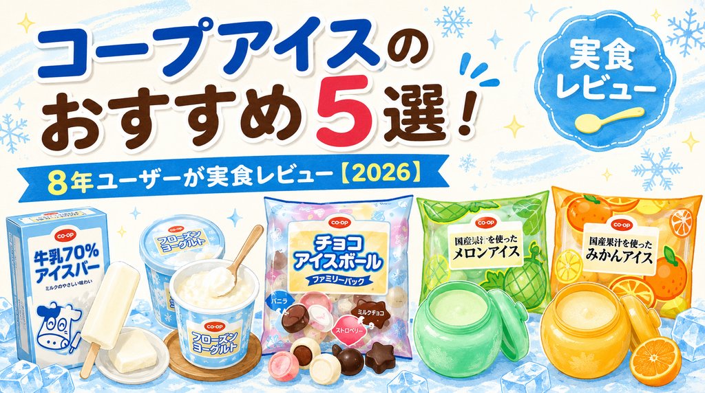 コープアイスおすすめ5選の実食レビューをまとめたアイキャッチ図解