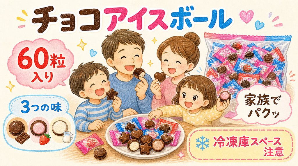 チョコアイスボールファミリーパックの特徴を紹介する図解