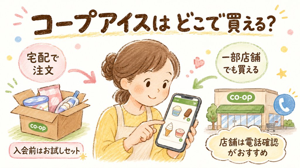 コープアイスを宅配や店舗で買う方法を説明する図解