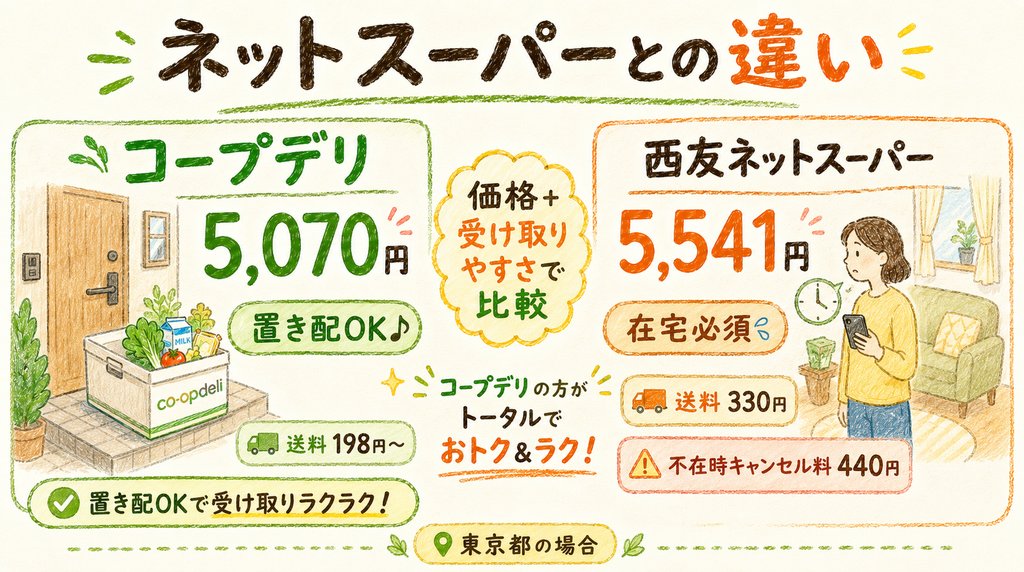 コープは高い？コープデリとネットスーパーの価格と受け取りやすさを比較した図解