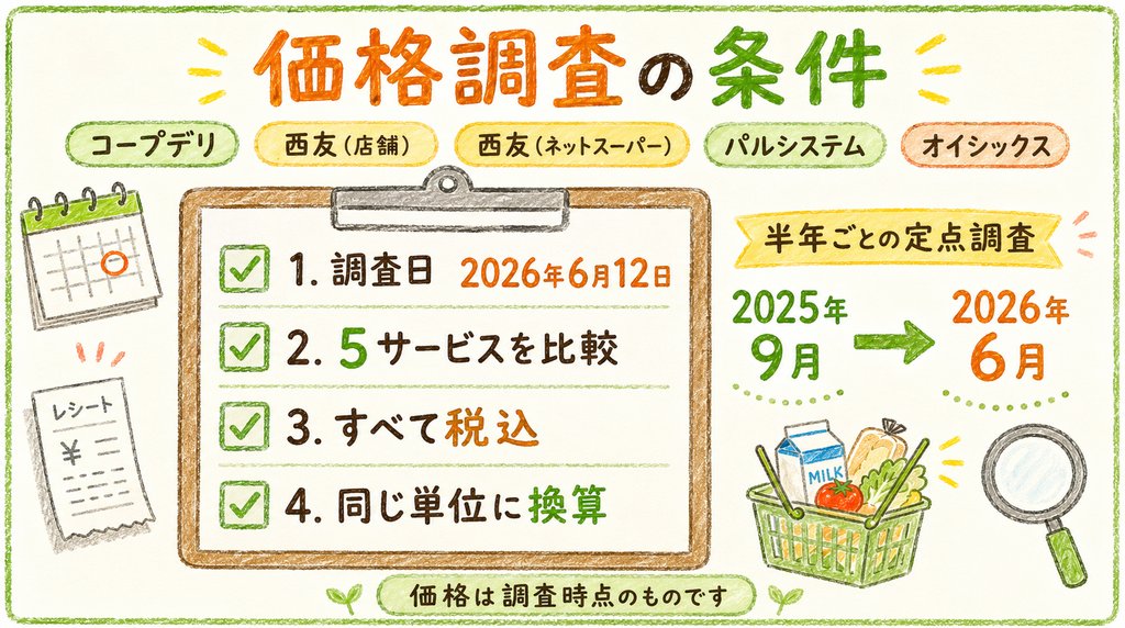 コープは高いか調べた価格調査の条件をまとめた図解