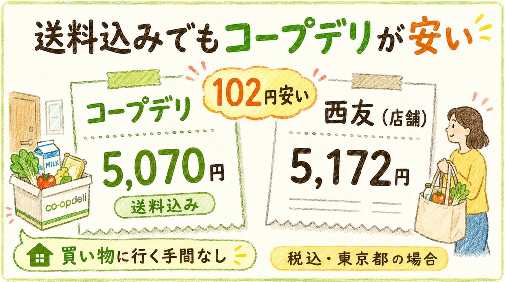 コープは高い？コープデリとスーパーの支払総額を比較した図解
