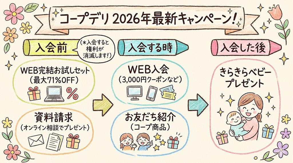 コープデリの2026年最新キャンペーンを入会前から入会後まで整理した図解