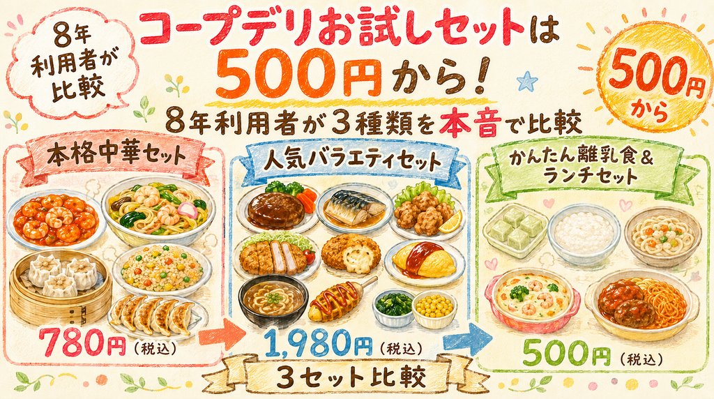 コープデリお試しセット3種類を価格と内容で比較した図解