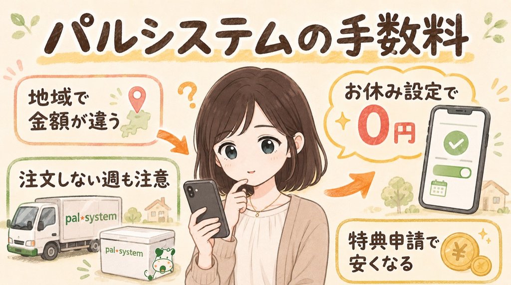 パルシステムの手数料は地域で金額が違い、お休み設定や特典申請で安くなることをまとめた図解