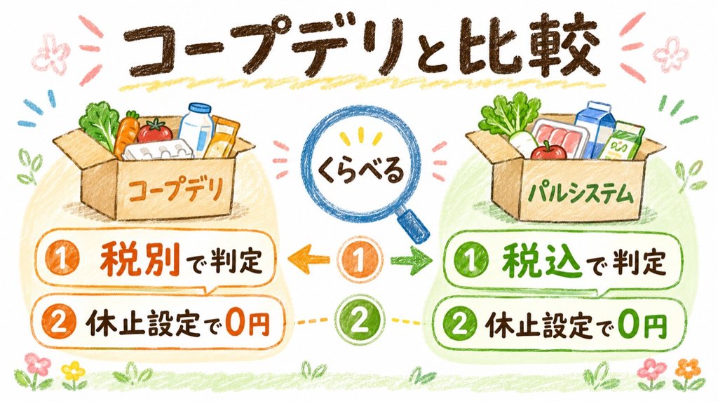 コープデリとパルシステムの手数料を税別税込と休止設定の観点で比較した図解