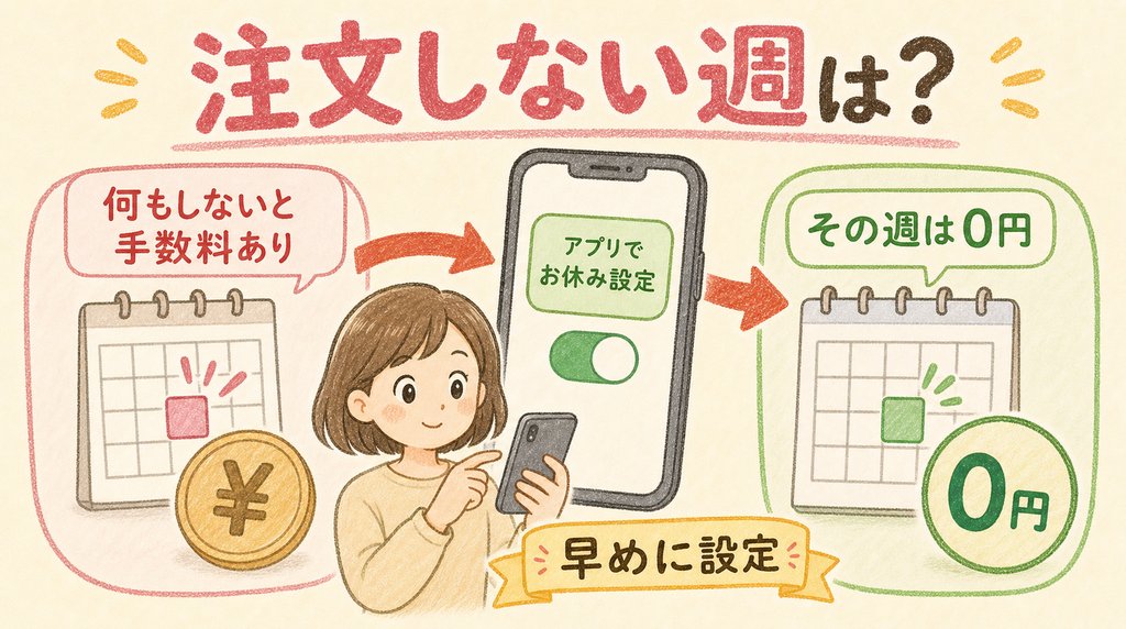 パルシステムで注文しない週も何もしないと手数料があり、お休み設定で0円にできることを示す図解