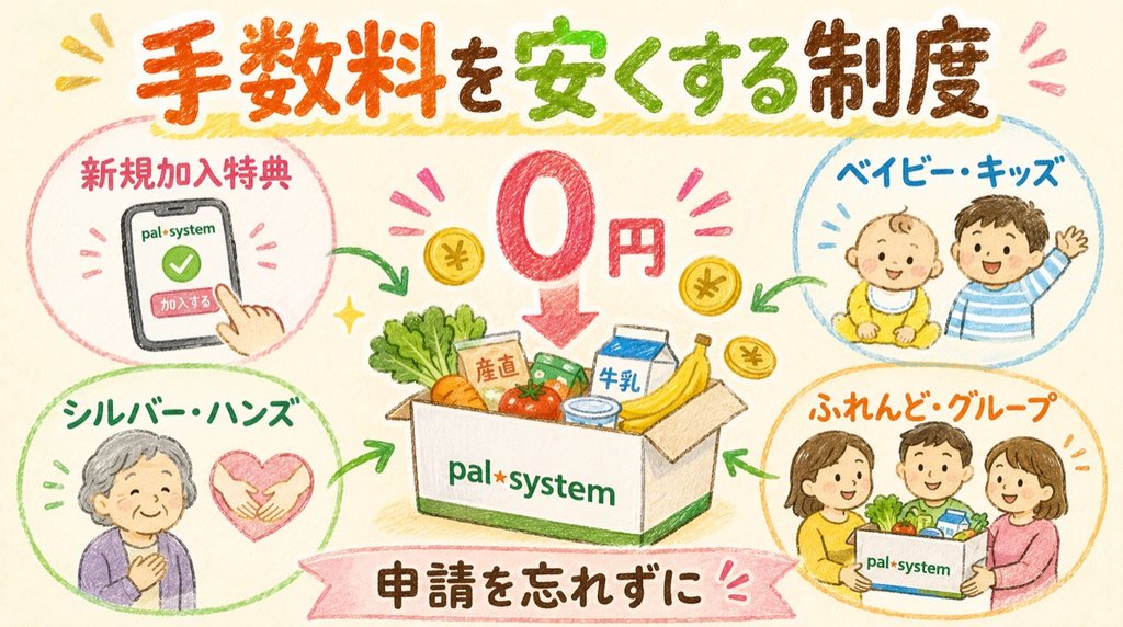 パルシステムの手数料を安くする新規加入特典やベイビーキッズなどの制度をまとめた図解