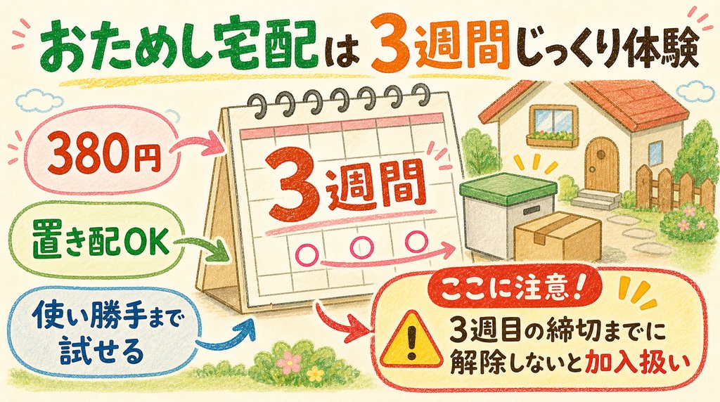 パルシステムのおためし宅配は3週間体験できるが加入扱いに注意する図解