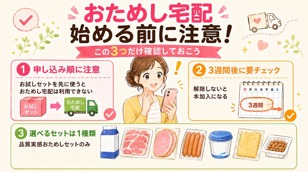 パルシステムのおためし宅配を始める前の注意点を3つまとめた図解
