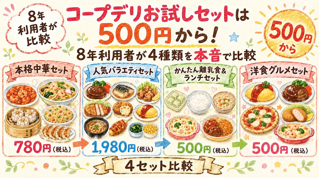 コープデリお試しセット4種類の内容と価格を比較した図解